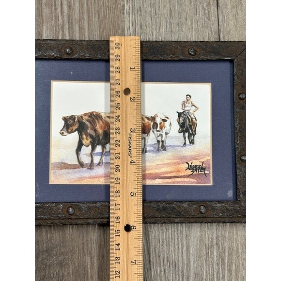 Lopez Baylon Watercolor Painting Cowboy Cattle Herd Rustic Western Framed Art - Picture 3 of 7